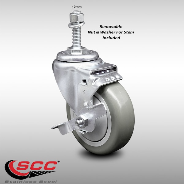 4 Inch SS Gray Polyurethane Swivel 10mm Threaded Stem Caster with Brake SCC
